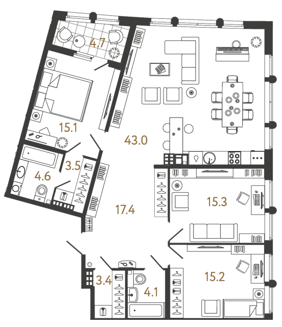 Трёхкомнатная квартира №47 в ЖК Миръ - 121.6 м²