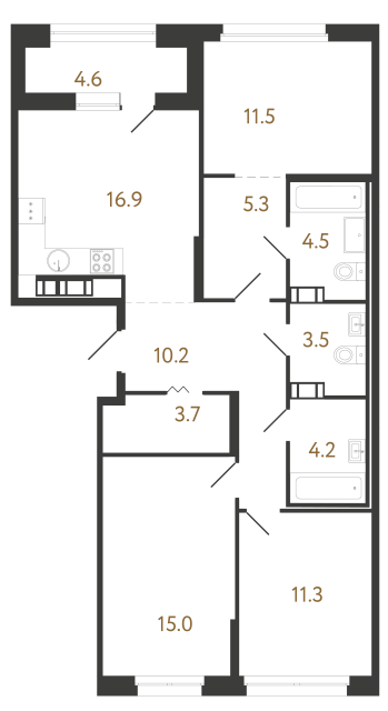 Трёхкомнатная квартира №112 в ЖК Куинджи - 86.1 м²  - №2