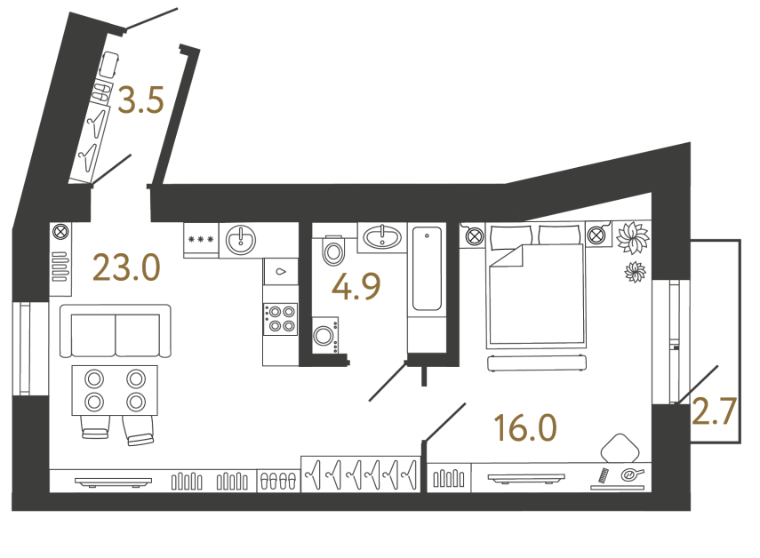 Однокомнатные апартаменты №140 в ЖК Типография - 50.1 м²