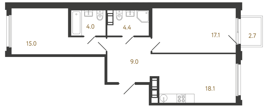 Двухкомнатная квартира №228 в ЖК Гений - 67.6 м²  - №2
