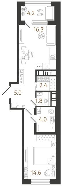 Однокомнатная квартира №190 в ЖК Передвижники 2 - 44.1 м²