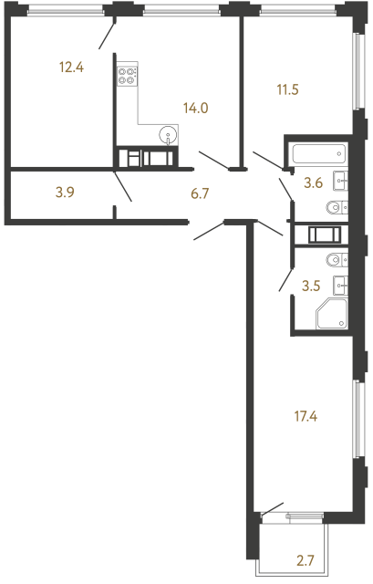 Трёхкомнатная квартира №122 в ЖК Гений - 73 м²  - №2