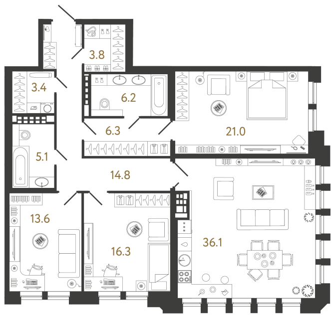 Трёхкомнатная квартира №60 в ЖК Коллекционер - 126.6 м²