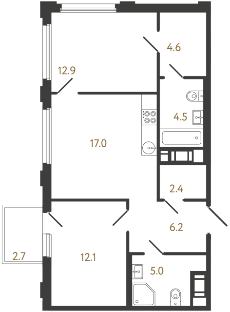 Двухкомнатная квартира №839 в ЖК Гений - 64.7 м²  - №2
