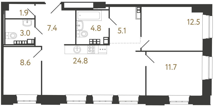 Трёхкомнатные апартаменты №60 в ЖК Светоч - 79.8 м²  - №2