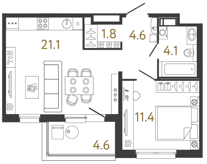 Однокомнатная квартира №181 в ЖК Передвижники - 43 м²