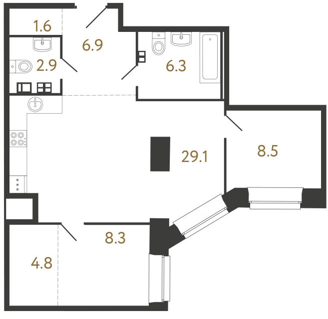 Двухкомнатные апартаменты №42 в ЖК Светоч - 68.4 м²  - №2
