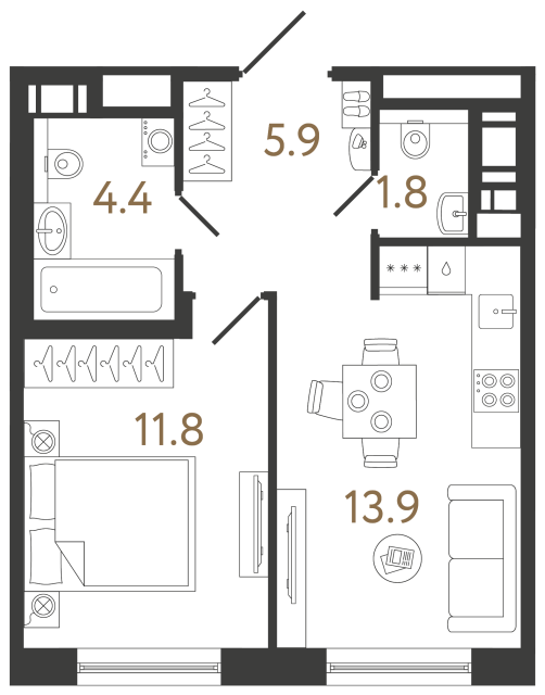 Однокомнатная квартира №234 в ЖК Передвижники 2 - 37.8 м²