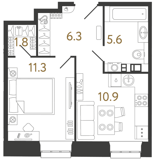 Однокомнатные апартаменты №70 в ЖК Светоч - 35.9 м²