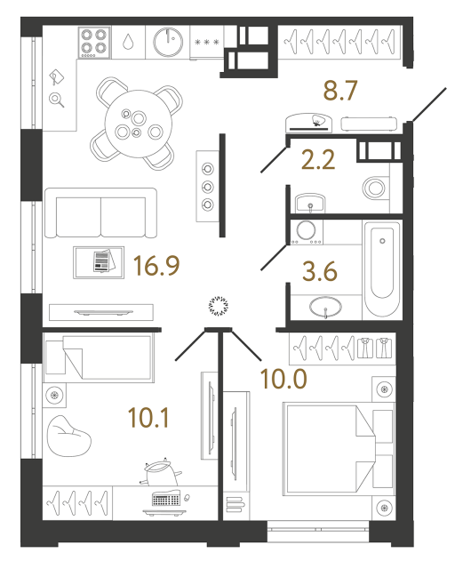 Двухкомнатная квартира №359 в ЖК Струны - 51.5 м²