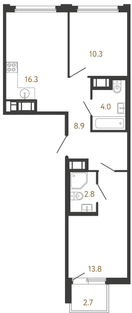 Двухкомнатная квартира №16 в ЖК Гений - 56.1 м²  - №2