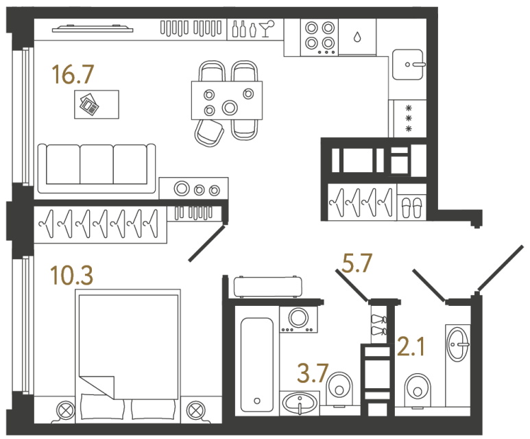 Однокомнатная квартира №768 в ЖК Гений - 38.5 м²
