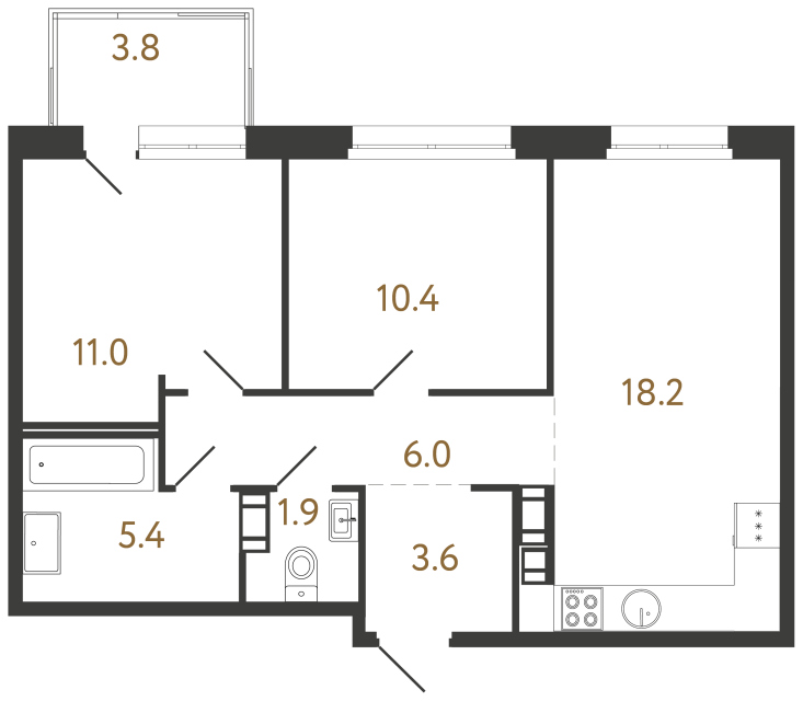 Двухкомнатная квартира №354 в ЖК Куинджи - 56.5 м²  - №2