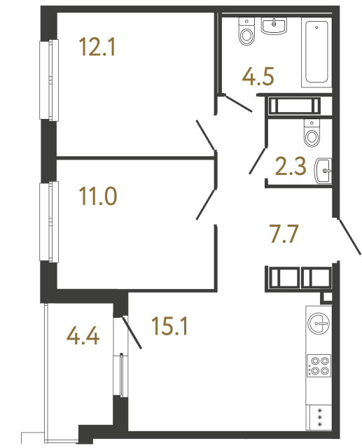 Двухкомнатная квартира №123 в ЖК Передвижники - 52.7 м²  - №2
