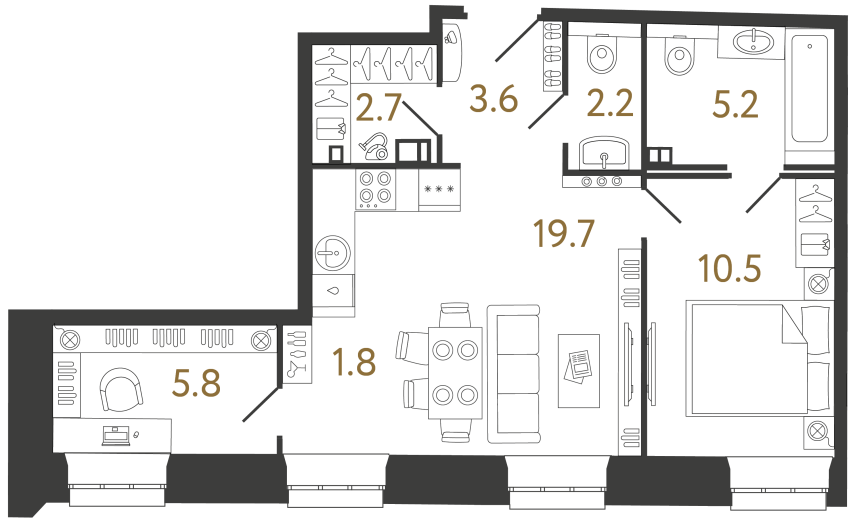 Двухкомнатные апартаменты №71 в ЖК Светоч - 49.7 м²