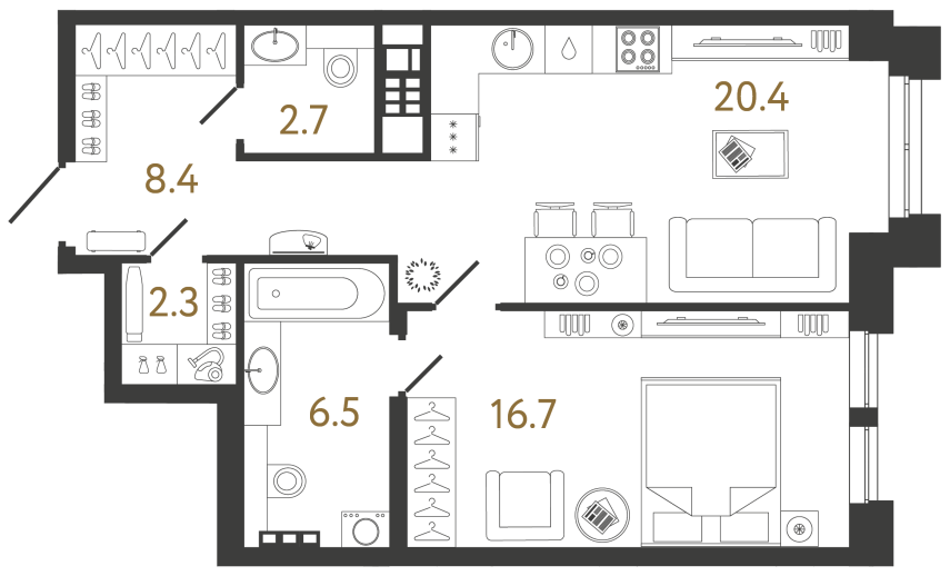 Однокомнатная квартира №39 в ЖК Коллекционер - 57 м²