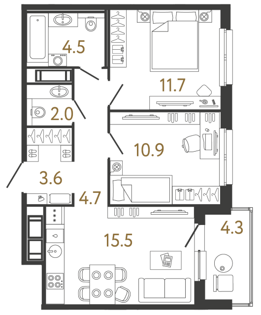 Двухкомнатная квартира №302 в ЖК Передвижники - 52.9 м²