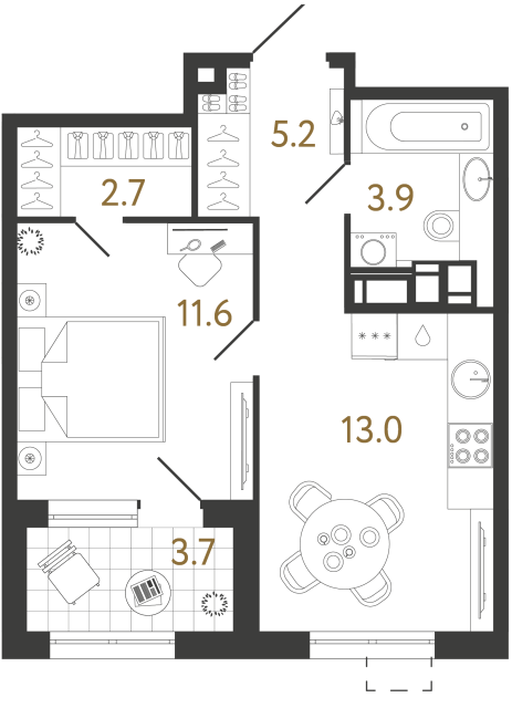 Однокомнатная квартира №44 в ЖК Струны - 36.4 м²