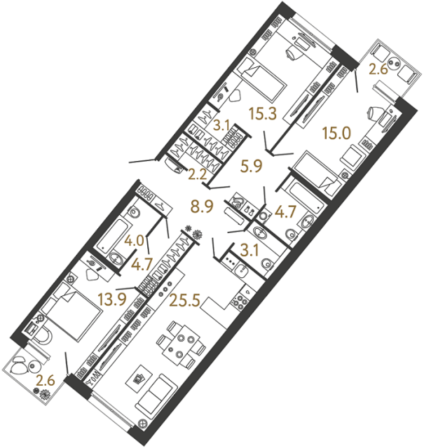 Трёхкомнатная квартира №54 в ЖК Цвет Зеленогорска - 106.3 м²