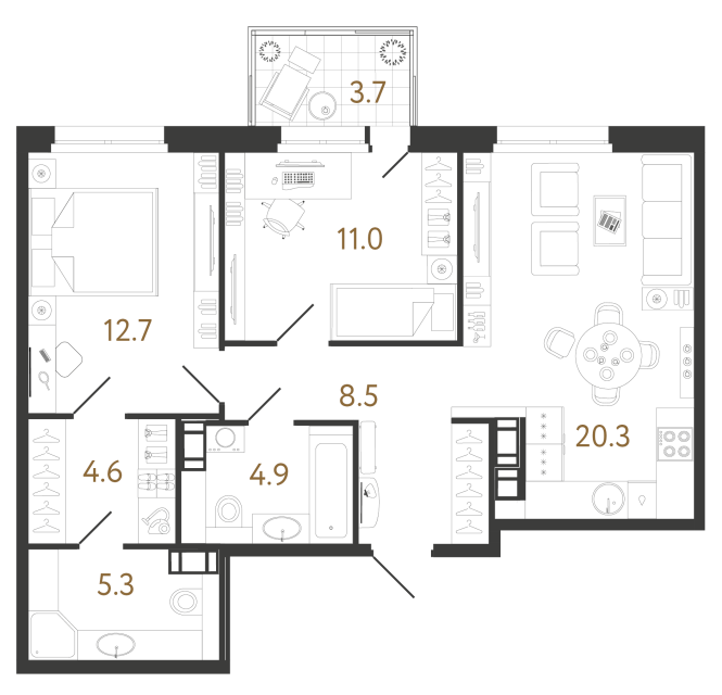 Двухкомнатная квартира №326 в ЖК Куинджи - 67.3 м²