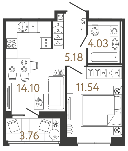 Однокомнатная квартира №707 в ЖК Ultra City 3 - 34.85 м²