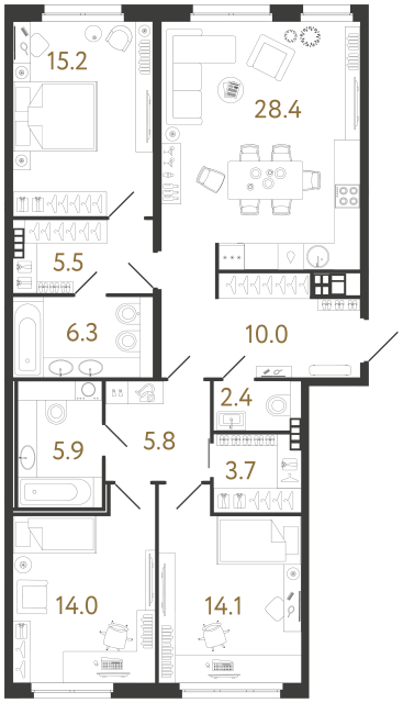 Трёхкомнатная квартира №122 в ЖК Визионер - 111.3 м²