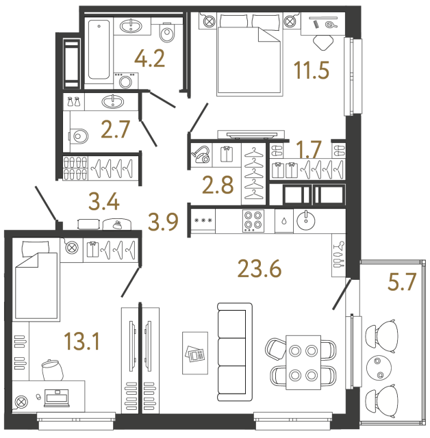 Двухкомнатная квартира №91 в ЖК Передвижники - 67 м²