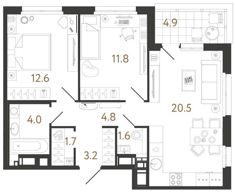 Двухкомнатная квартира №54 в ЖК Литера - 60.2 м²