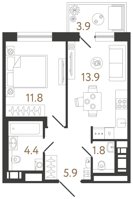 Однокомнатная квартира №368 в ЖК Передвижники 2 - 37.8 м²