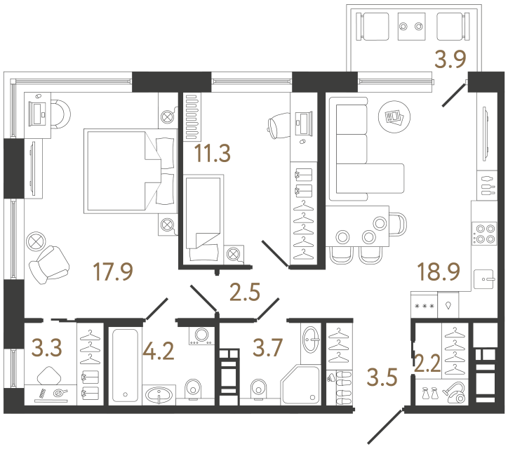 Двухкомнатная квартира №135 в ЖК Передвижники 2 - 67.5 м²