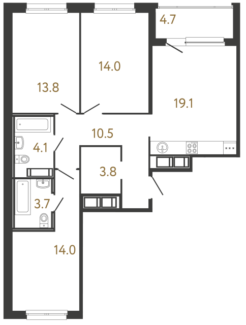 Трёхкомнатная квартира №154 в ЖК Передвижники - 83 м²  - №2