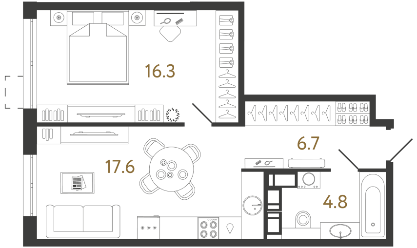 Однокомнатная квартира №62 в ЖК Струны - 45.4 м²