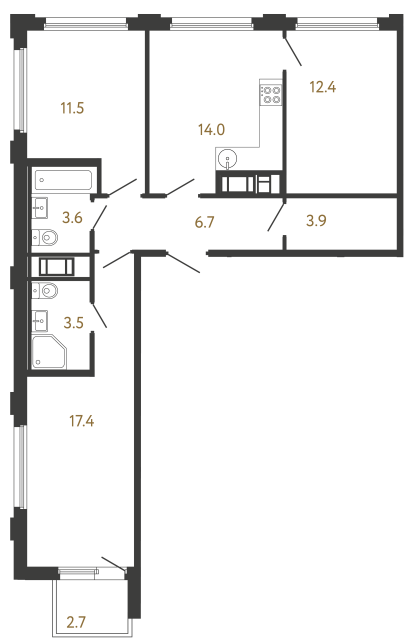 Трёхкомнатная квартира №9 в ЖК Гений - 73 м²  - №2