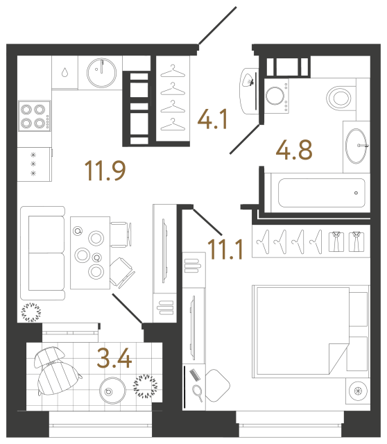 Однокомнатная квартира №299 в ЖК Куинджи - 31.9 м²