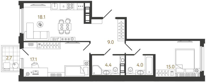 Двухкомнатная квартира №786 в ЖК Гений - 67.6 м²