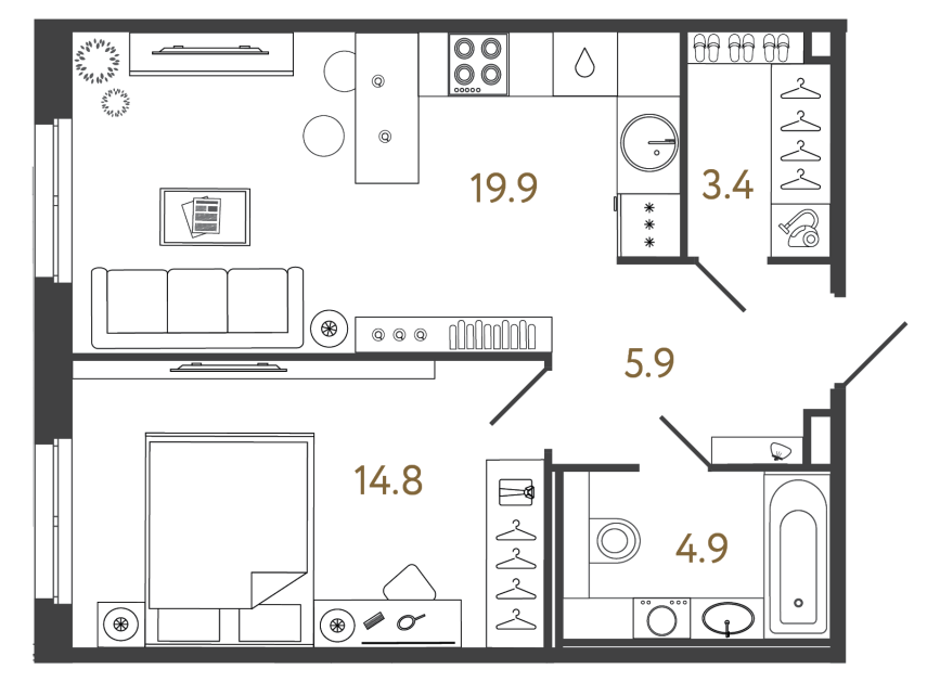 Однокомнатный номер №47 в комплексе «Репин» - 48.9 м²