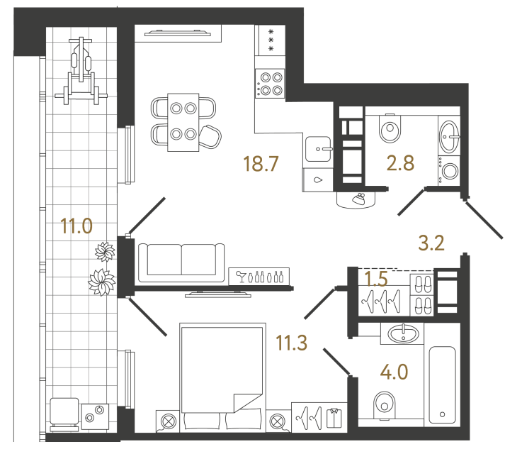Однокомнатная квартира №384 в ЖК Гений - 41.5 м²