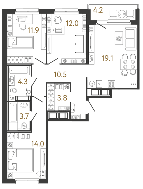 Трёхкомнатная квартира №182 в ЖК Передвижники - 79.3 м²