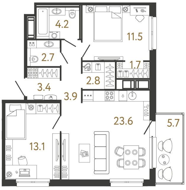 Двухкомнатная квартира №82 в ЖК Передвижники - 66.9 м²
