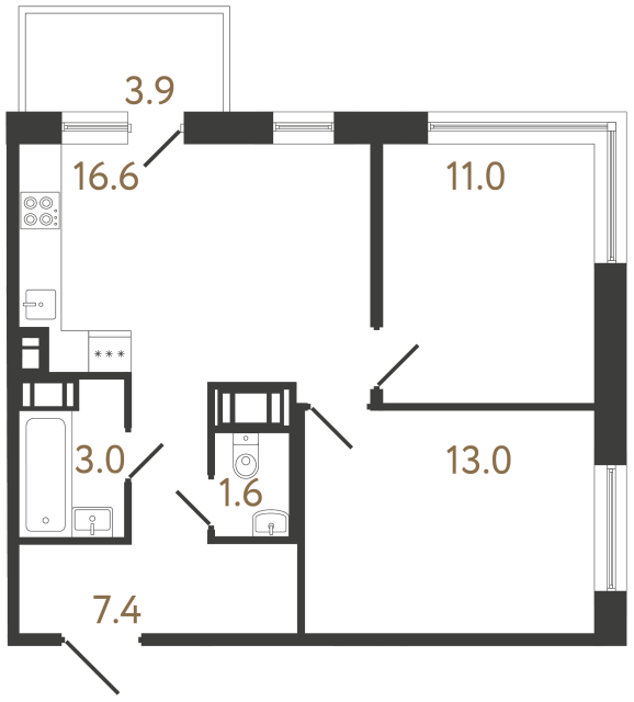 Двухкомнатная квартира №381 в ЖК Передвижники 2 - 52.6 м²  - №2