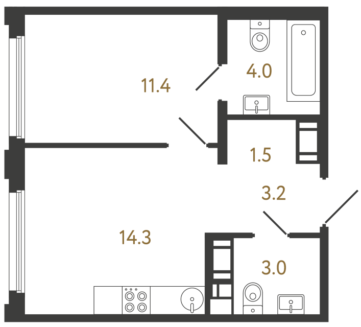 Однокомнатная квартира №225 в ЖК Гений - 37.4 м²  - №2