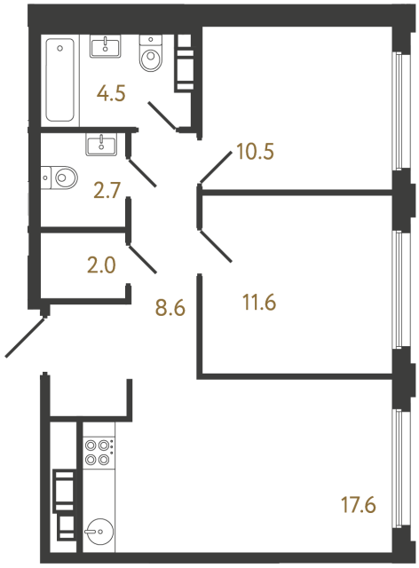 Двухкомнатная квартира №1028 в ЖК Гений - 57.5 м²  - №2