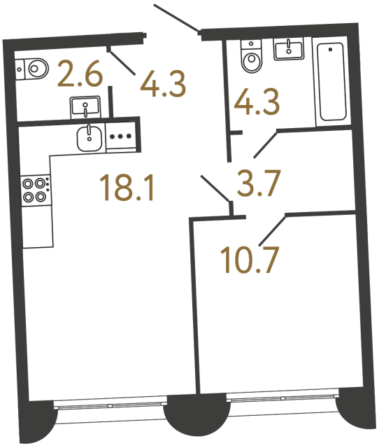 Однокомнатная квартира №2 в ЖК Цвет Зеленогорска - 43.7 м²  - №2