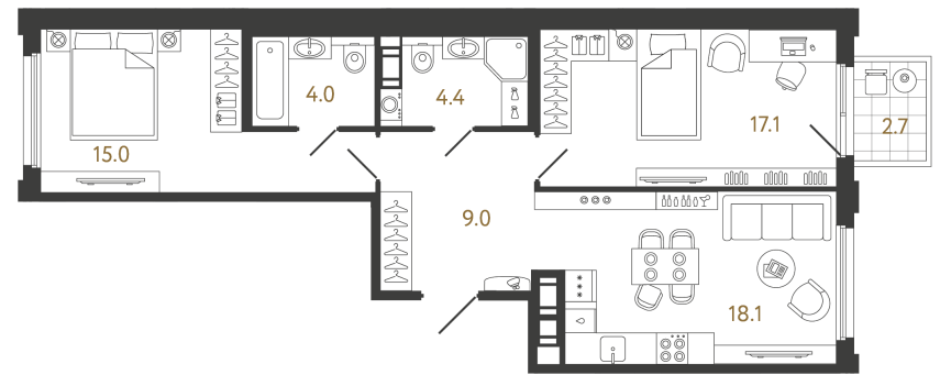 Двухкомнатная квартира №228 в ЖК Гений - 67.6 м²
