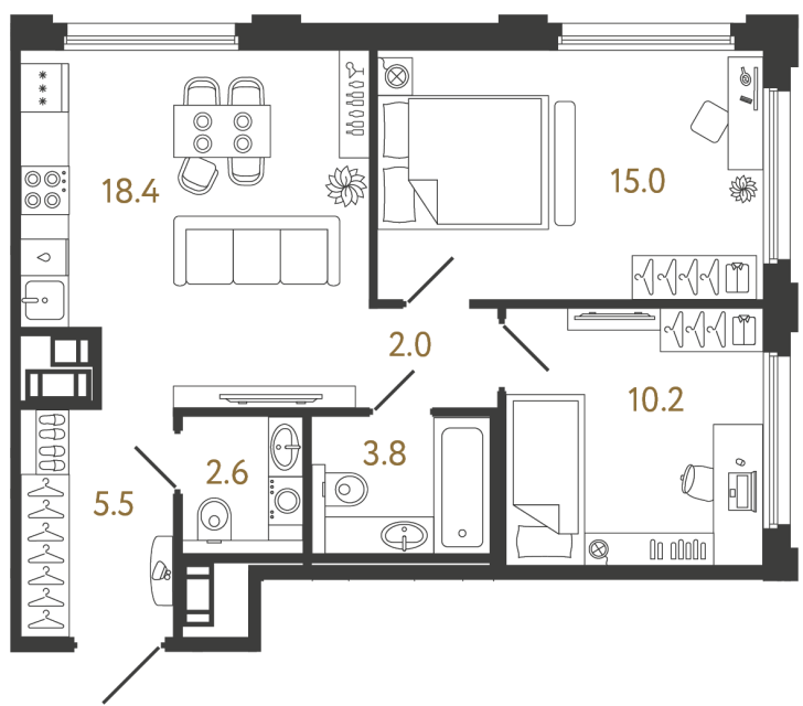 Двухкомнатная квартира №440 в ЖК Гений - 57.5 м²