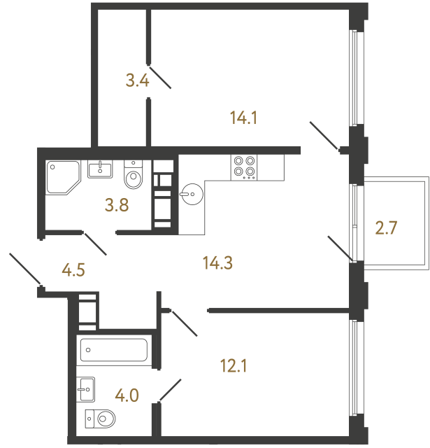 Двухкомнатная квартира №249 в ЖК Гений - 56.2 м²  - №2