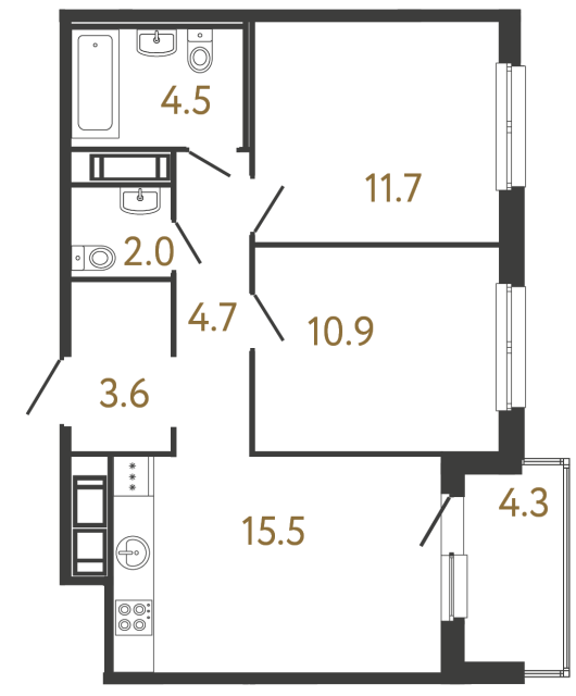 Двухкомнатная квартира №295 в ЖК Передвижники - 52.9 м²  - №2