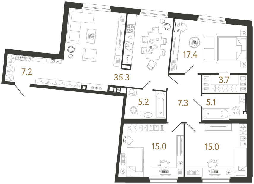 Трёхкомнатная квартира №147 в ЖК Визионер - 111.2 м²