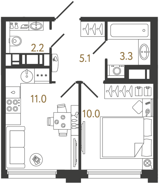 Однокомнатная квартира №1080 в ЖК Гений - 31.6 м²