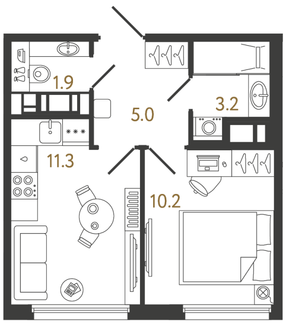 Однокомнатная квартира №1209 в ЖК Гений - 31.6 м²